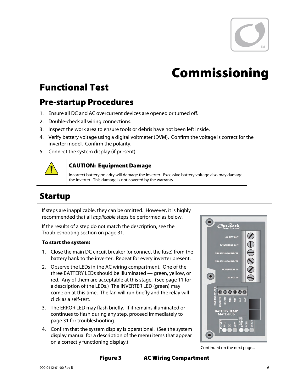 Commissioning, Functional test, Pre-startup procedures | Startup | Outback Power Systems GFX International Series Operators Manual User Manual | Page 11 / 64