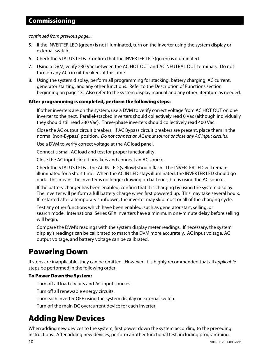 Powering down, Adding new devices, Commissioning | Outback Power Systems GFX International Series Operators Manual User Manual | Page 12 / 64