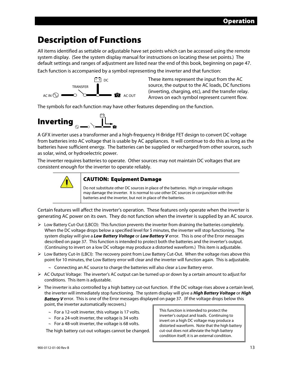 Description of functions, Inverting, Operation | Outback Power Systems GFX International Series Operators Manual User Manual | Page 15 / 64