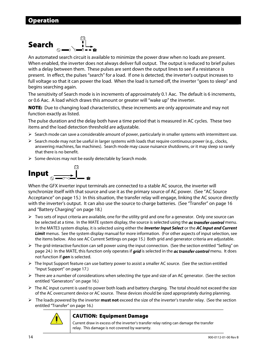 Search, Input, Operation | Outback Power Systems GFX International Series Operators Manual User Manual | Page 16 / 64