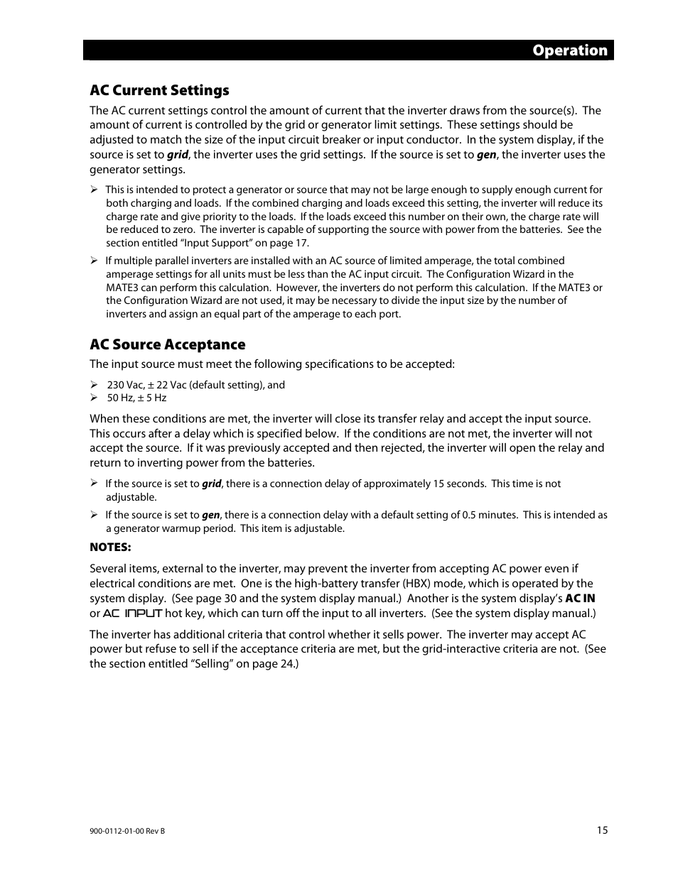 Operation, Ac current settings, Ac source acceptance | Outback Power Systems GFX International Series Operators Manual User Manual | Page 17 / 64