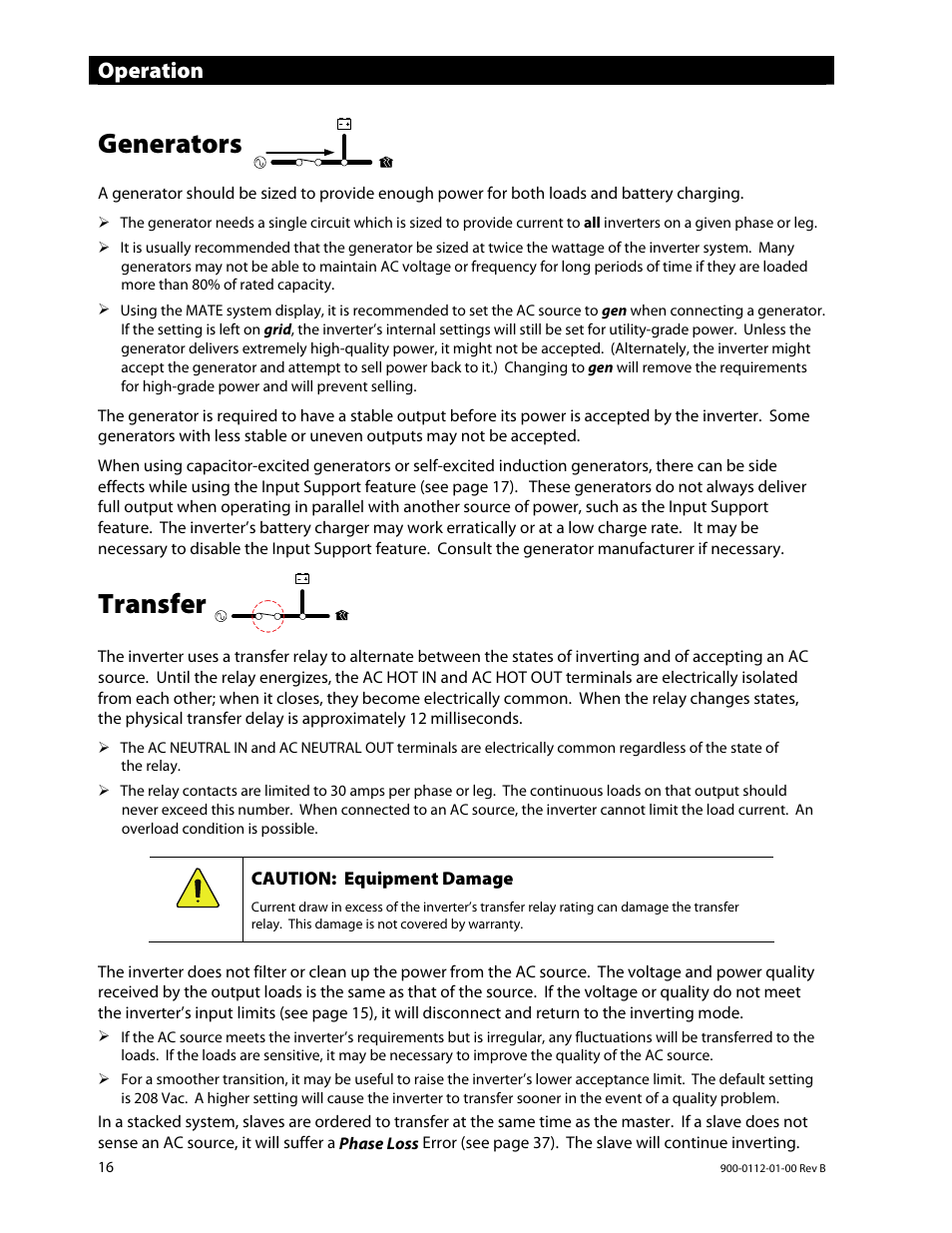 Generators, Transfer, Operation | Outback Power Systems GFX International Series Operators Manual User Manual | Page 18 / 64