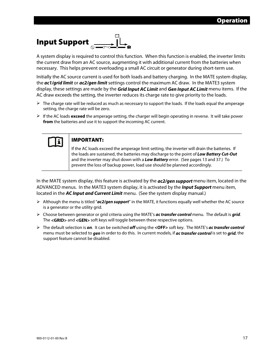 Input support, Operation | Outback Power Systems GFX International Series Operators Manual User Manual | Page 19 / 64