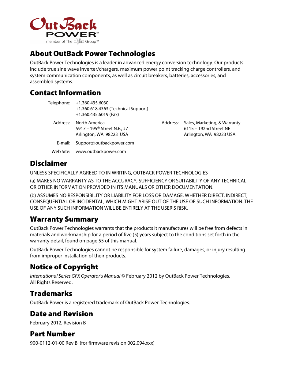 About outback power technologies, Contact information, Disclaimer | Warranty summary, Notice of copyright, Trademarks, Date and revision, Part number | Outback Power Systems GFX International Series Operators Manual User Manual | Page 2 / 64