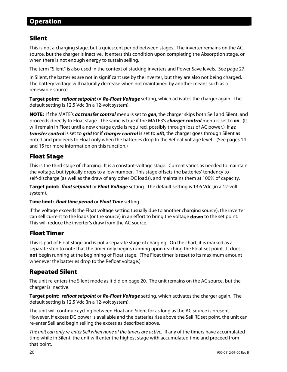 Operation, Silent, Float stage | Float timer, Repeated silent | Outback Power Systems GFX International Series Operators Manual User Manual | Page 22 / 64