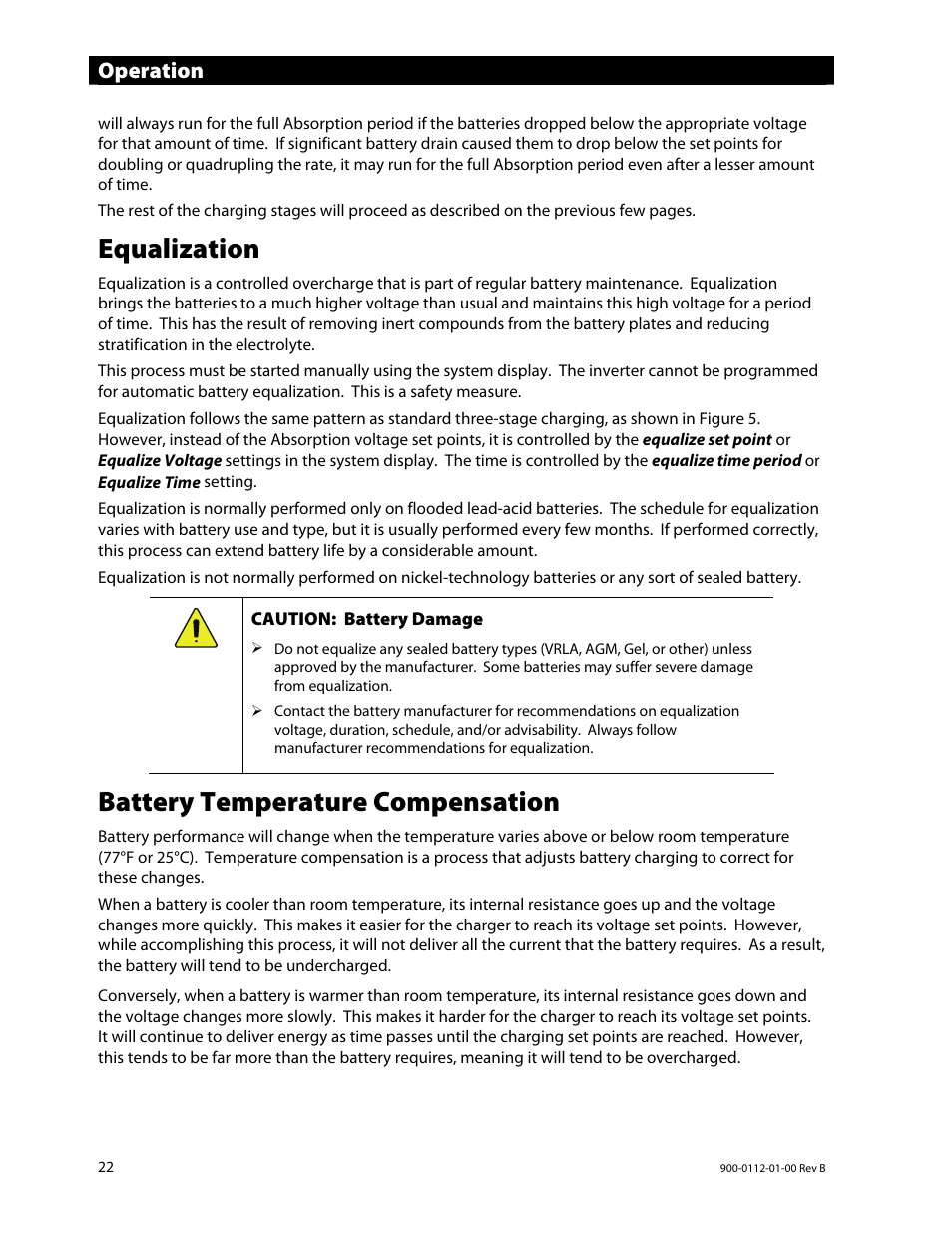 Equalization, Battery temperature compensation, Operation | Outback Power Systems GFX International Series Operators Manual User Manual | Page 24 / 64