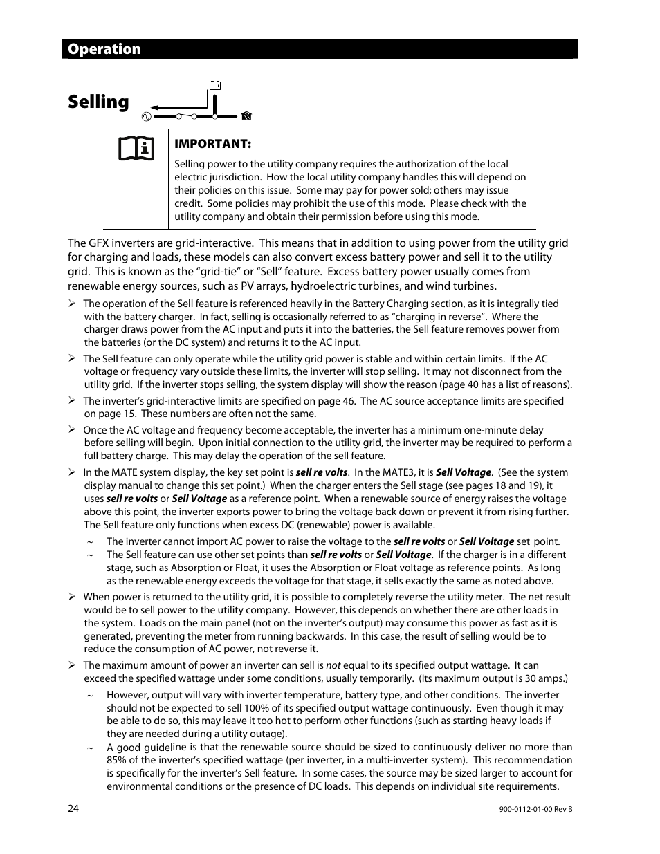 Selling, Operation | Outback Power Systems GFX International Series Operators Manual User Manual | Page 26 / 64