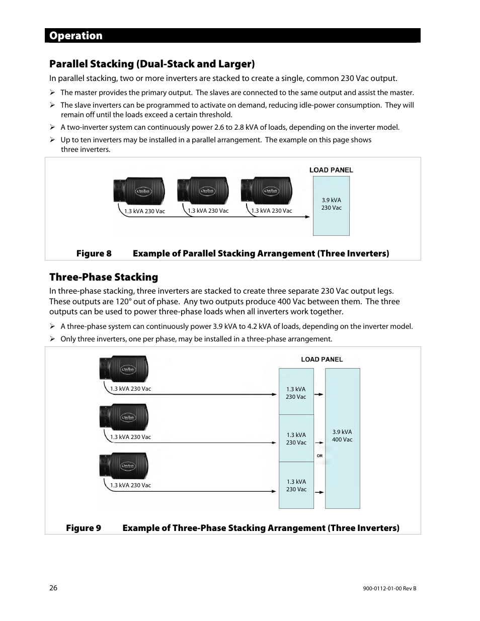 Operation, Parallel stacking (dual-stack and larger), Three-phase stacking | Outback Power Systems GFX International Series Operators Manual User Manual | Page 28 / 64