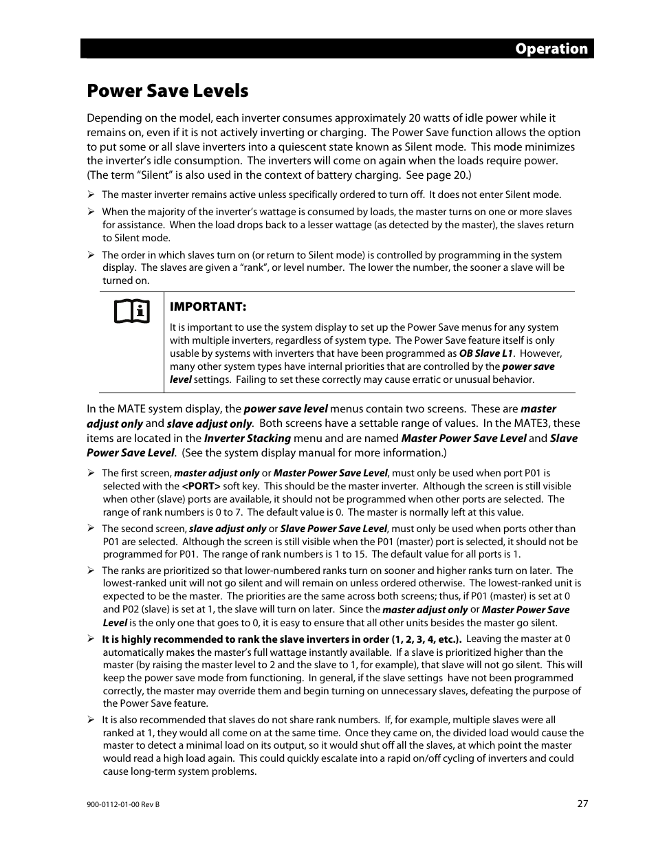 Power save levels, Operation | Outback Power Systems GFX International Series Operators Manual User Manual | Page 29 / 64