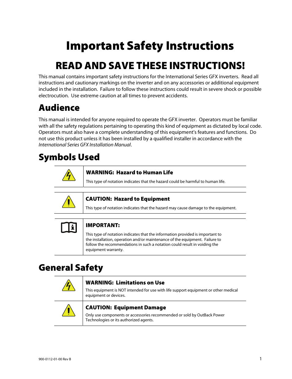 Important safety instructions, Read and save these instructions, Audience | Symbols used, General safety | Outback Power Systems GFX International Series Operators Manual User Manual | Page 3 / 64