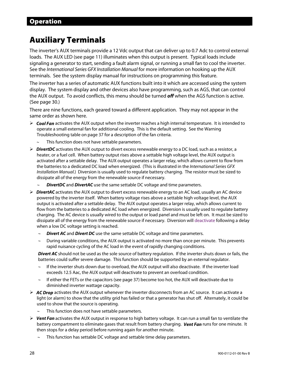 Auxiliary terminals, Operation | Outback Power Systems GFX International Series Operators Manual User Manual | Page 30 / 64