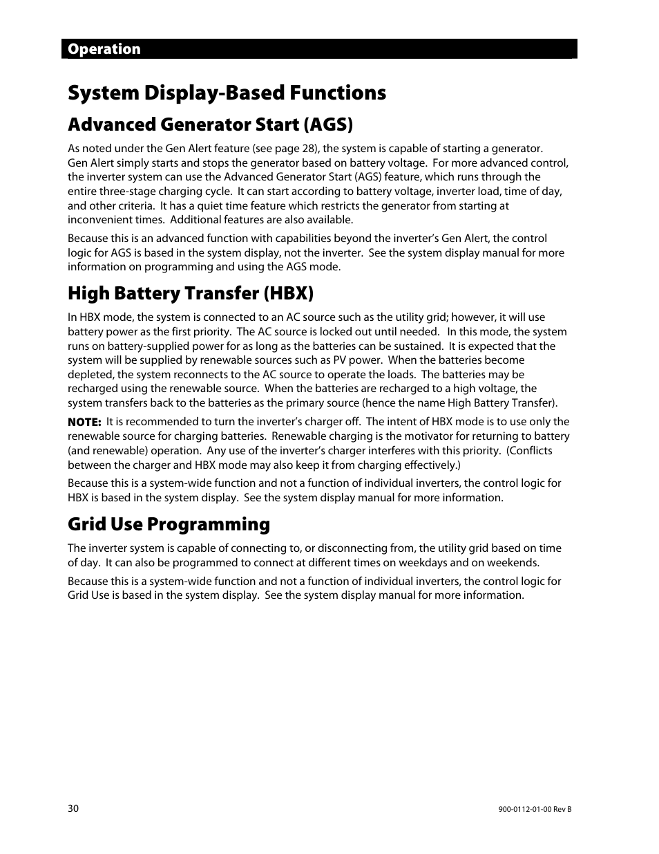 System display-based functions, Advanced generator start (ags), High battery transfer (hbx) | Grid use programming | Outback Power Systems GFX International Series Operators Manual User Manual | Page 32 / 64