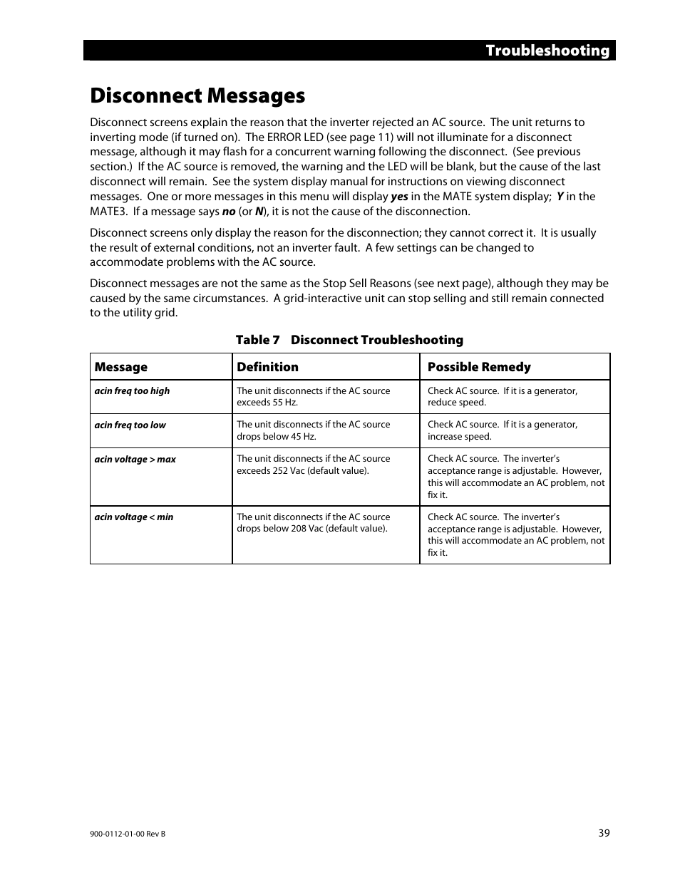 Disconnect messages, Troubleshooting | Outback Power Systems GFX International Series Operators Manual User Manual | Page 41 / 64