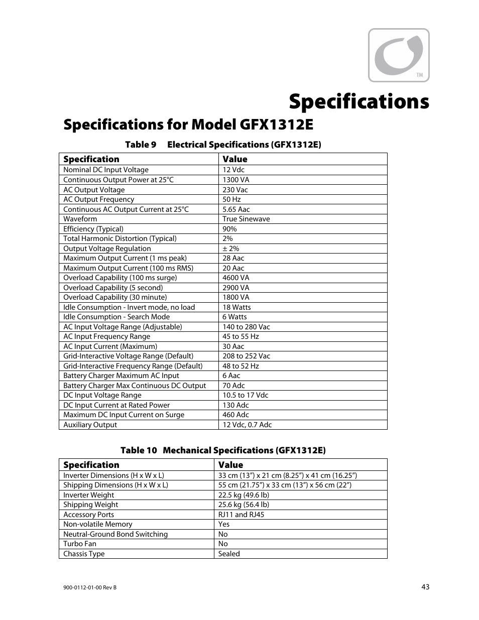 Specifications, Specifications for model gfx1312e | Outback Power Systems GFX International Series Operators Manual User Manual | Page 45 / 64