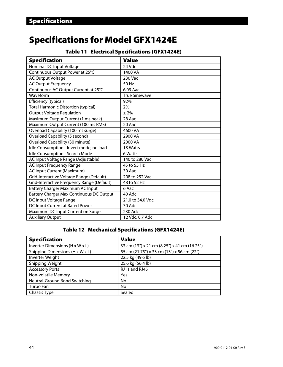 Specifications for model gfx1424e, Specifications | Outback Power Systems GFX International Series Operators Manual User Manual | Page 46 / 64