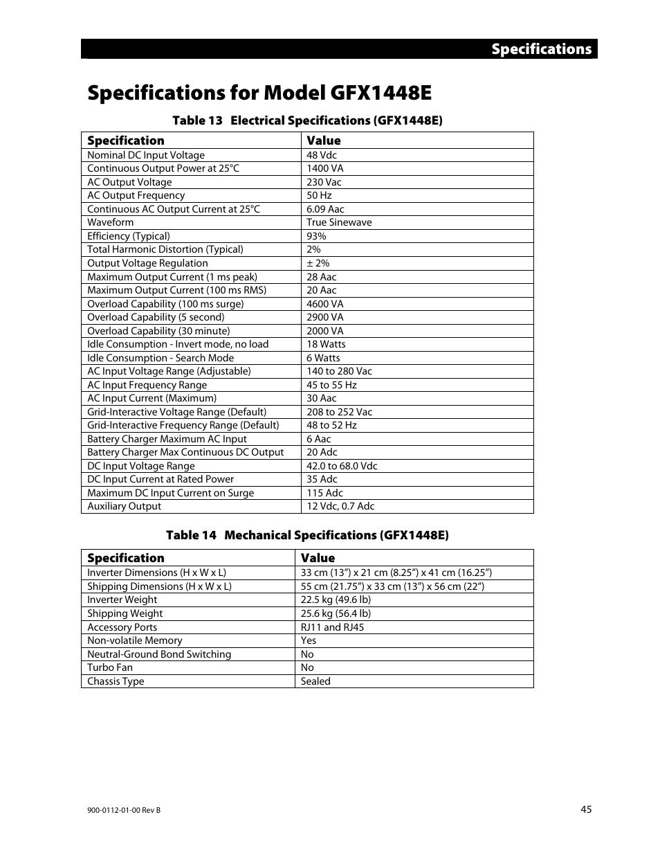 Specifications for model gfx1448e, Specifications | Outback Power Systems GFX International Series Operators Manual User Manual | Page 47 / 64