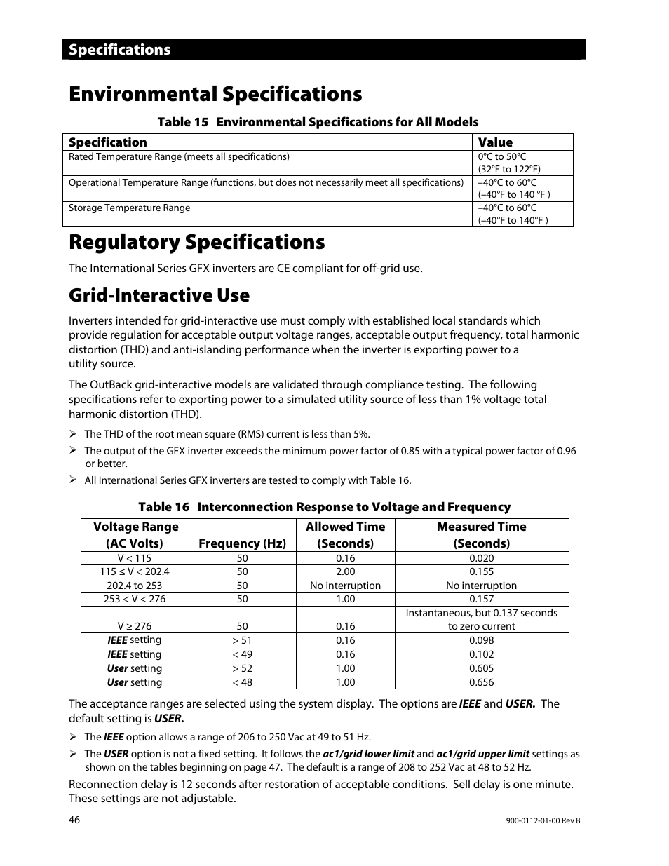 Environmental specifications, Regulatory specifications, Grid-interactive use | Specifications | Outback Power Systems GFX International Series Operators Manual User Manual | Page 48 / 64