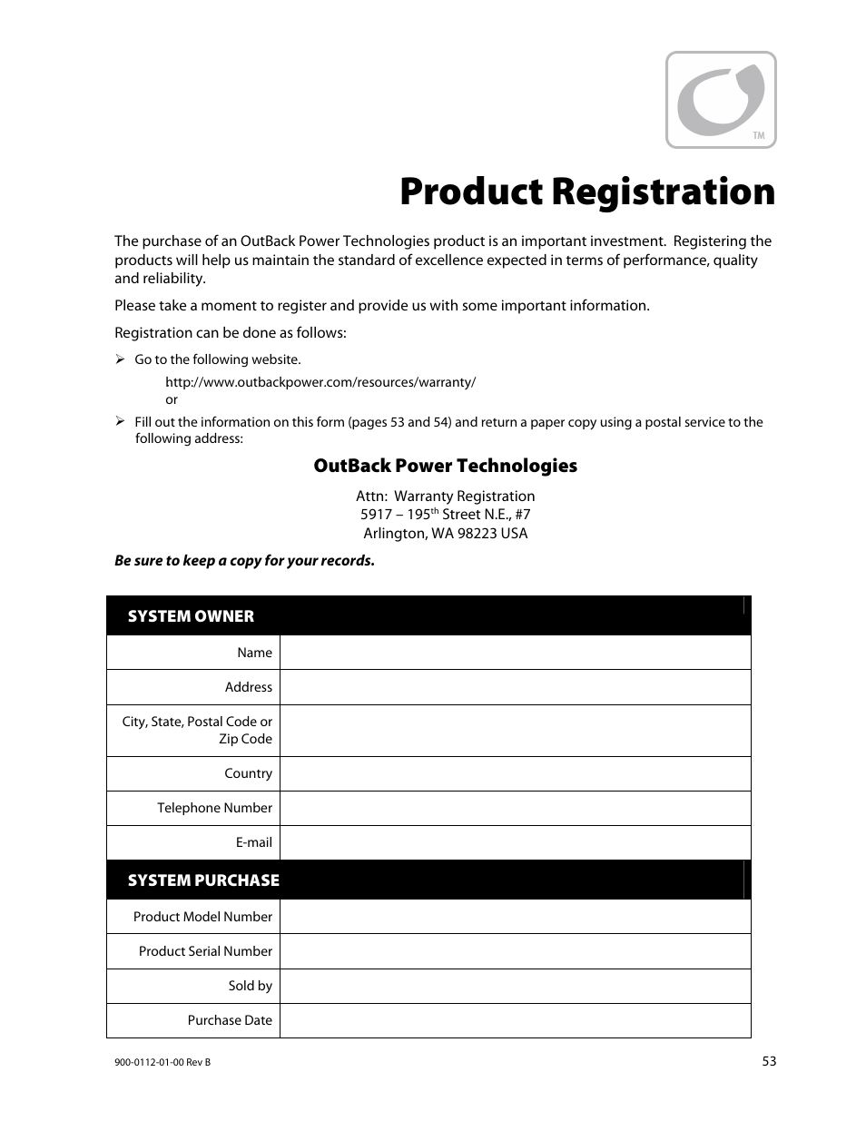 Product registration, Outback power technologies | Outback Power Systems GFX International Series Operators Manual User Manual | Page 55 / 64