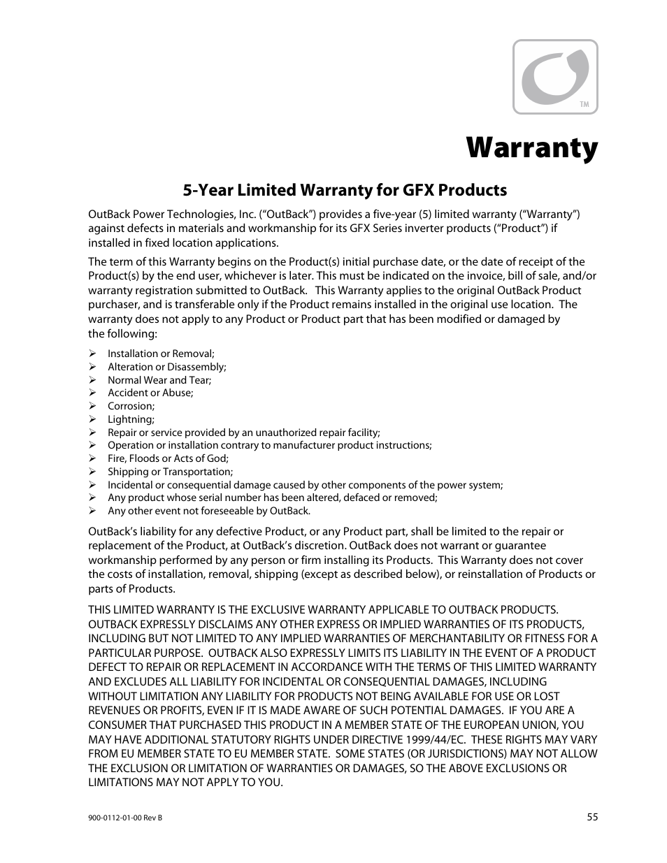 Warranty, Year limited warranty for gfx products | Outback Power Systems GFX International Series Operators Manual User Manual | Page 57 / 64