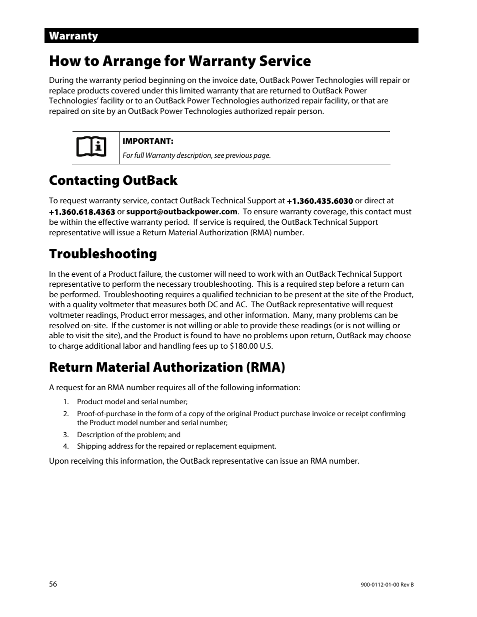 How to arrange for warranty service, Contacting outback, Troubleshooting | Return material authorization (rma), Warranty | Outback Power Systems GFX International Series Operators Manual User Manual | Page 58 / 64