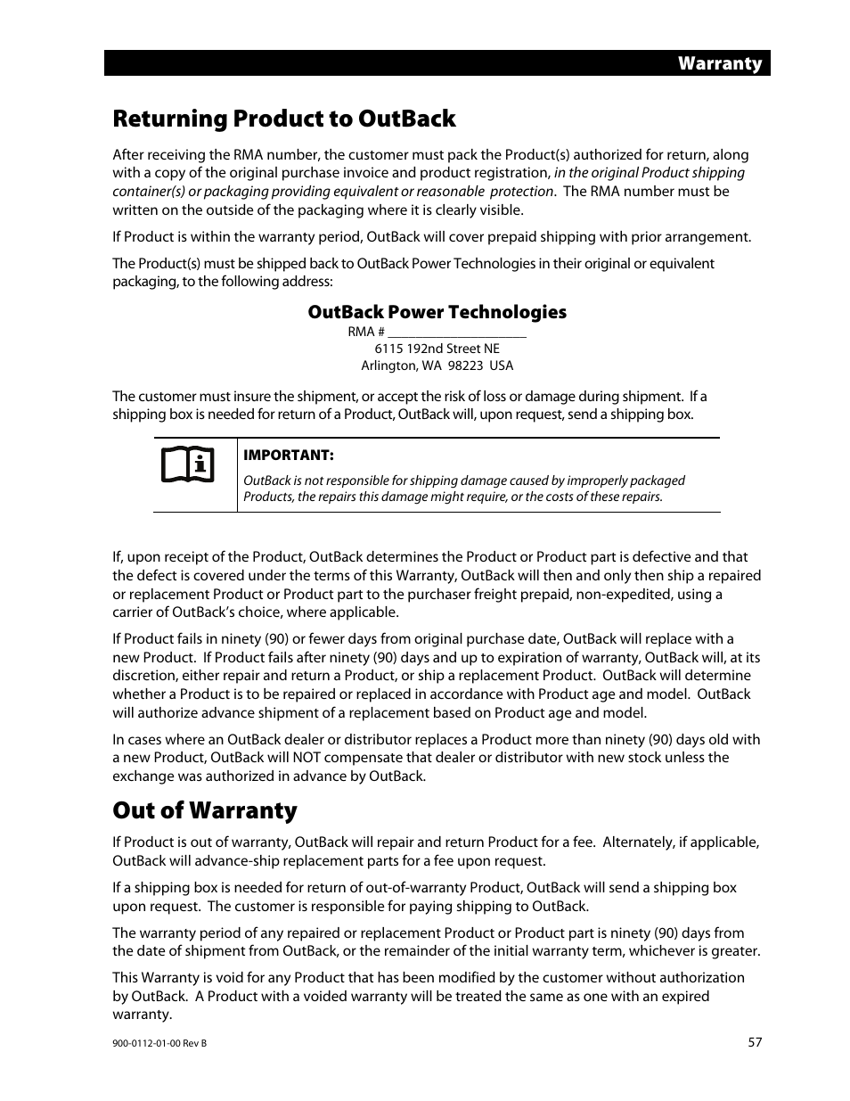 Returning product to outback, Out of warranty, Warranty | Outback power technologies | Outback Power Systems GFX International Series Operators Manual User Manual | Page 59 / 64