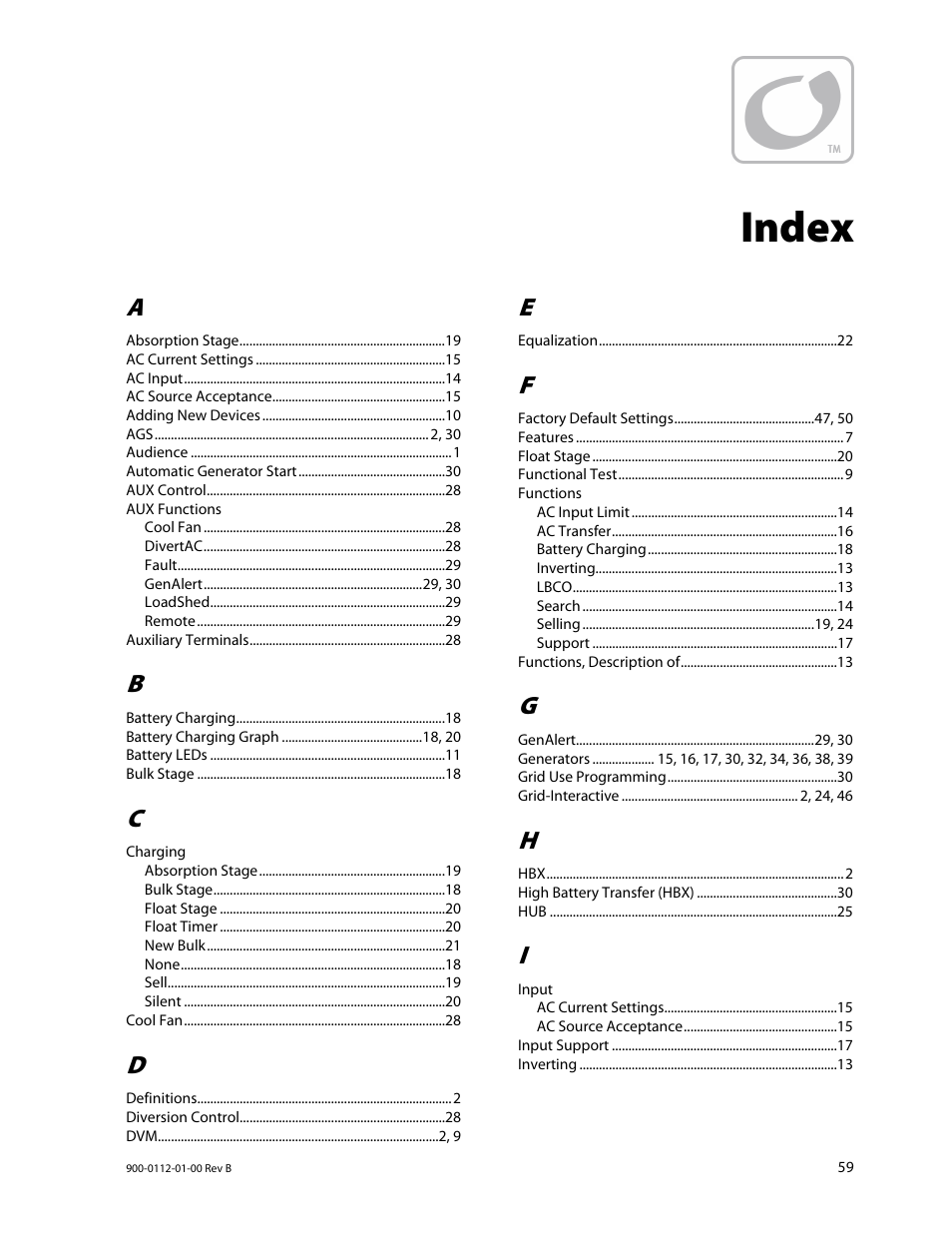 Index | Outback Power Systems GFX International Series Operators Manual User Manual | Page 61 / 64