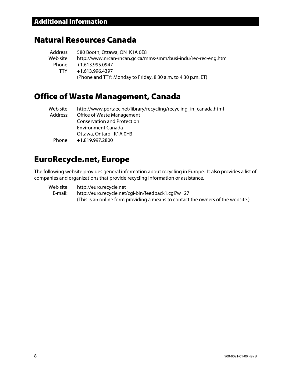 Natural resources canada, Office of waste management, canada, Eurorecycle.net, europe | Additional information | Outback Power Systems GS8048 Installation Manual User Manual | Page 10 / 44