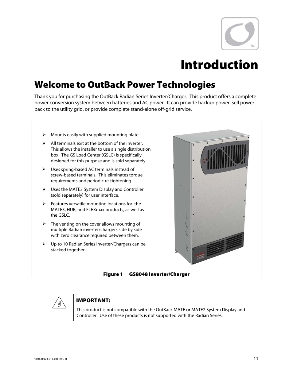 Introduction, Welcome to outback power technologies | Outback Power Systems GS8048 Installation Manual User Manual | Page 13 / 44