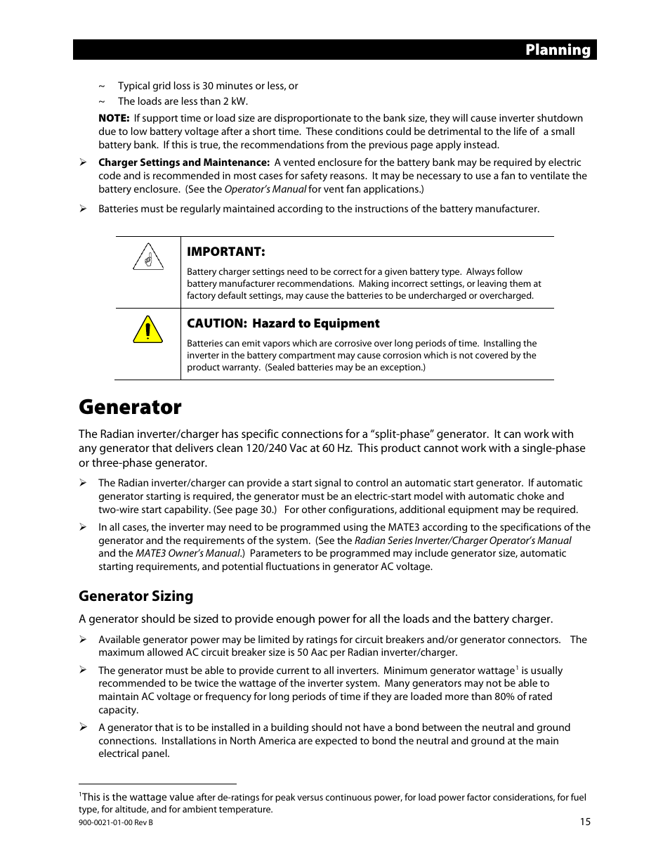 Generator, Planning, Generator sizing | Outback Power Systems GS8048 Installation Manual User Manual | Page 17 / 44