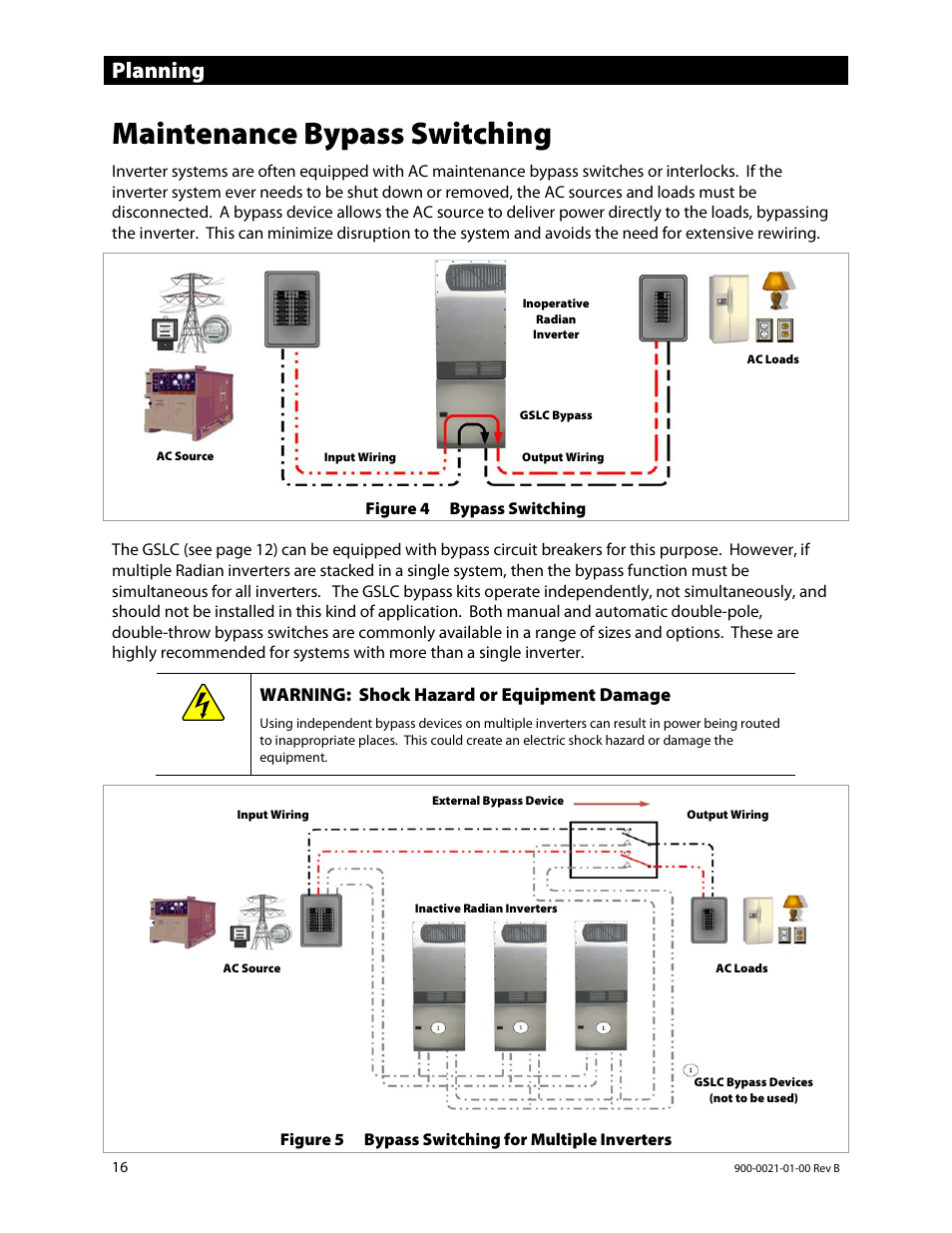 Maintenance bypass switching, Planning, Warning: shock hazard or equipment damage | Outback Power Systems GS8048 Installation Manual User Manual | Page 18 / 44