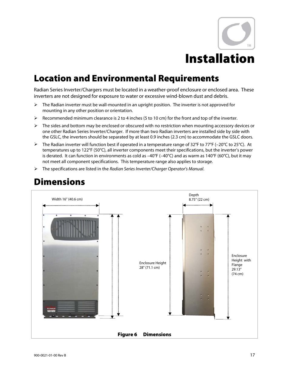 Installation, Location and environmental requirements, Dimensions | Outback Power Systems GS8048 Installation Manual User Manual | Page 19 / 44