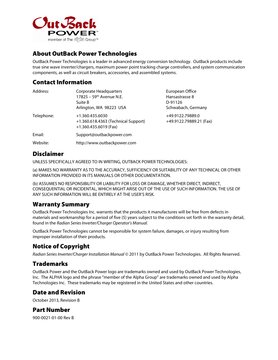 About outback power technologies, Contact information, Disclaimer | Warranty summary, Notice of copyright, Trademarks, Date and revision, Part number | Outback Power Systems GS8048 Installation Manual User Manual | Page 2 / 44