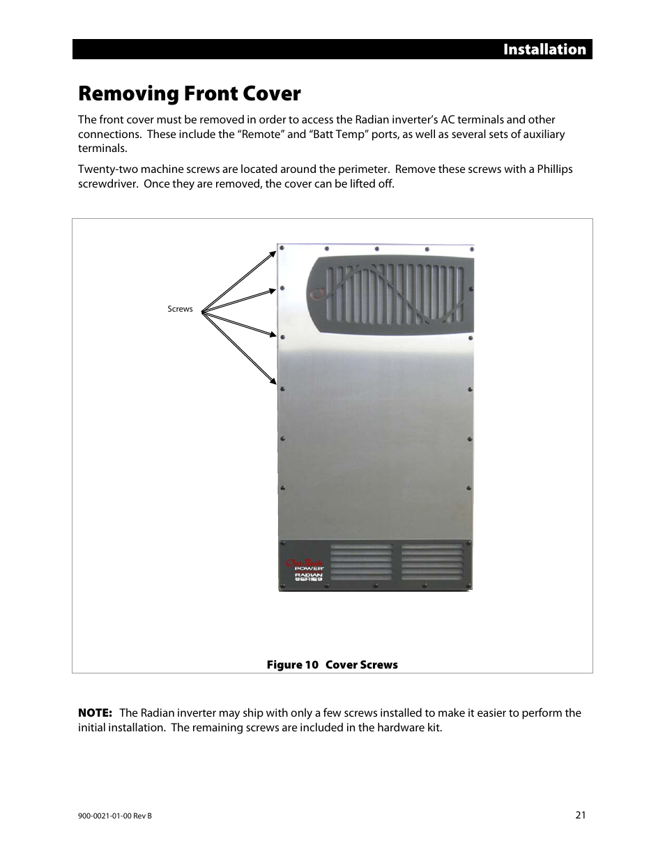 Removing front cover, Installation | Outback Power Systems GS8048 Installation Manual User Manual | Page 23 / 44