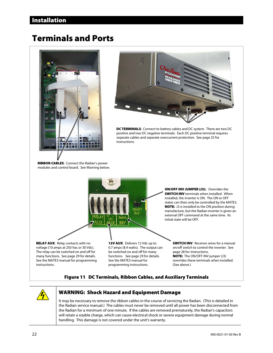 Terminals and ports, Installation, Warning: shock hazard and equipment damage | Outback Power Systems GS8048 Installation Manual User Manual | Page 24 / 44
