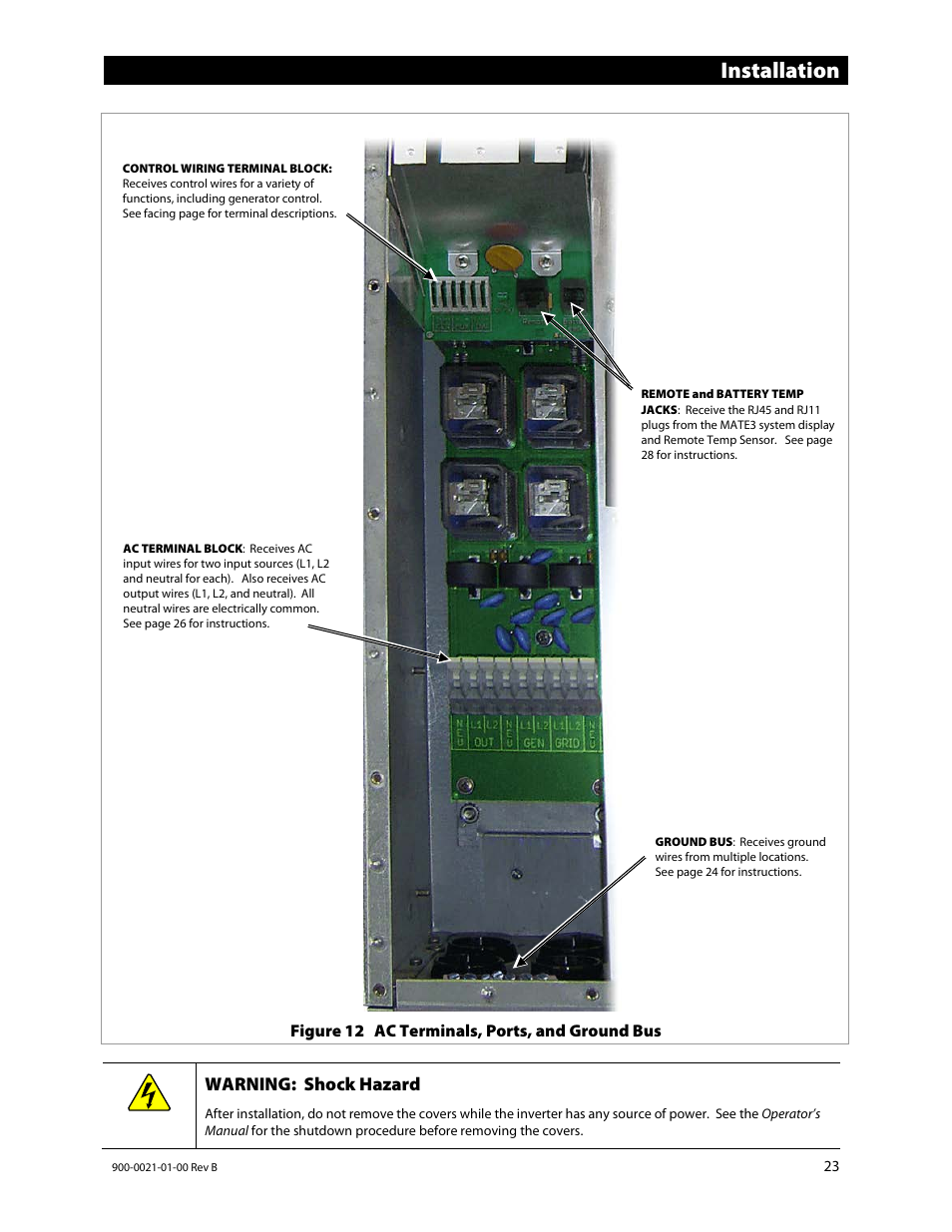 Installation, Warning: shock hazard | Outback Power Systems GS8048 Installation Manual User Manual | Page 25 / 44