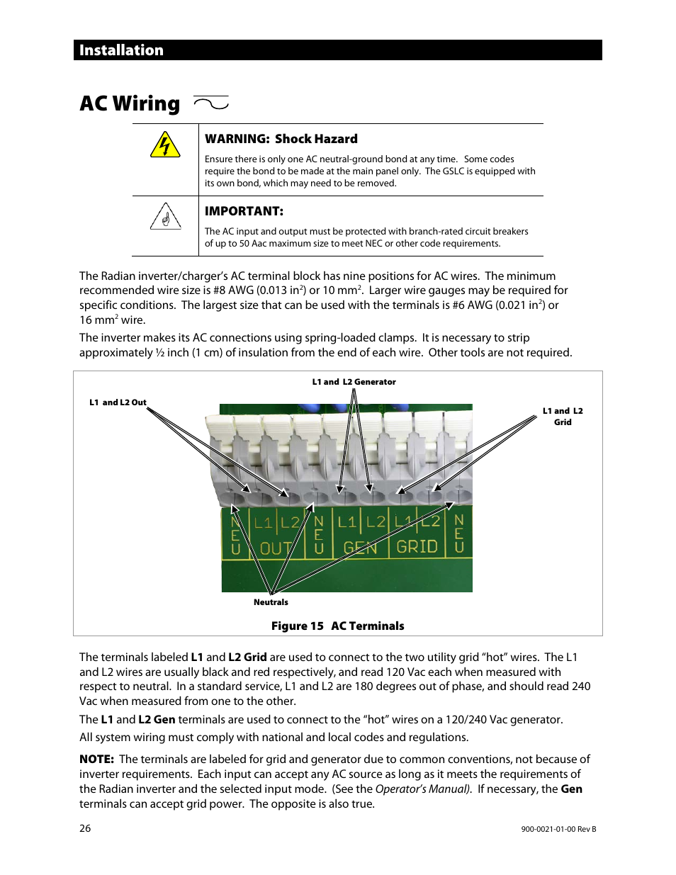 Ac wiring, E 26 f, Installation | Outback Power Systems GS8048 Installation Manual User Manual | Page 28 / 44