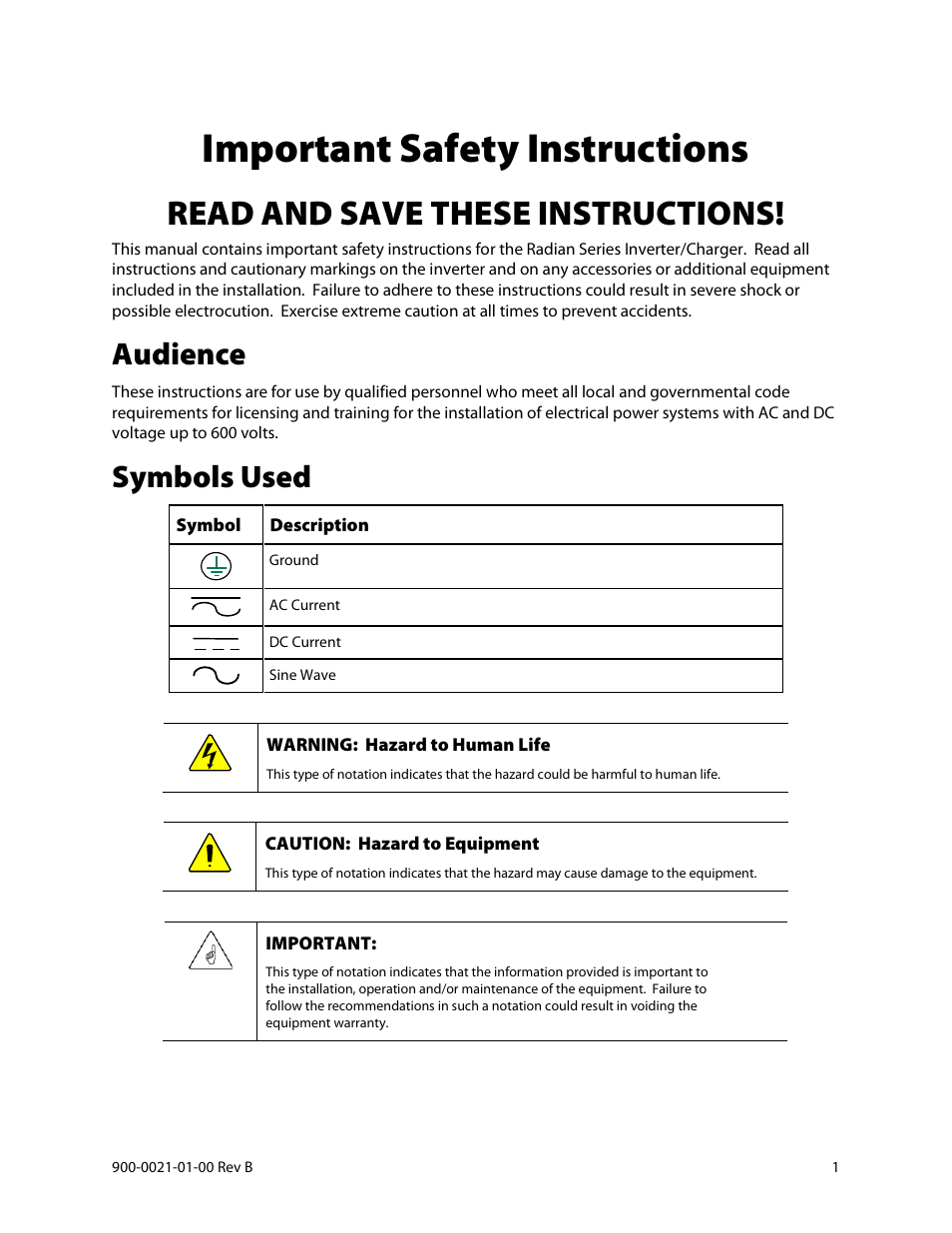 Important safety instructions, Audience, Symbols used | Read and save these instructions | Outback Power Systems GS8048 Installation Manual User Manual | Page 3 / 44