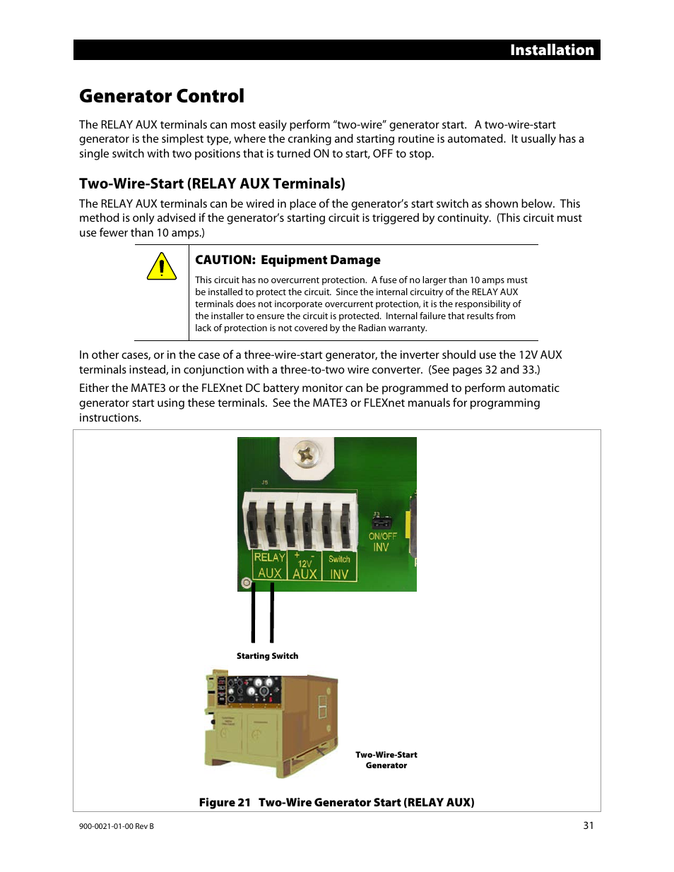 Generator control, Two-wire-start (relay aux terminals), Generator control) | Installation | Outback Power Systems GS8048 Installation Manual User Manual | Page 33 / 44