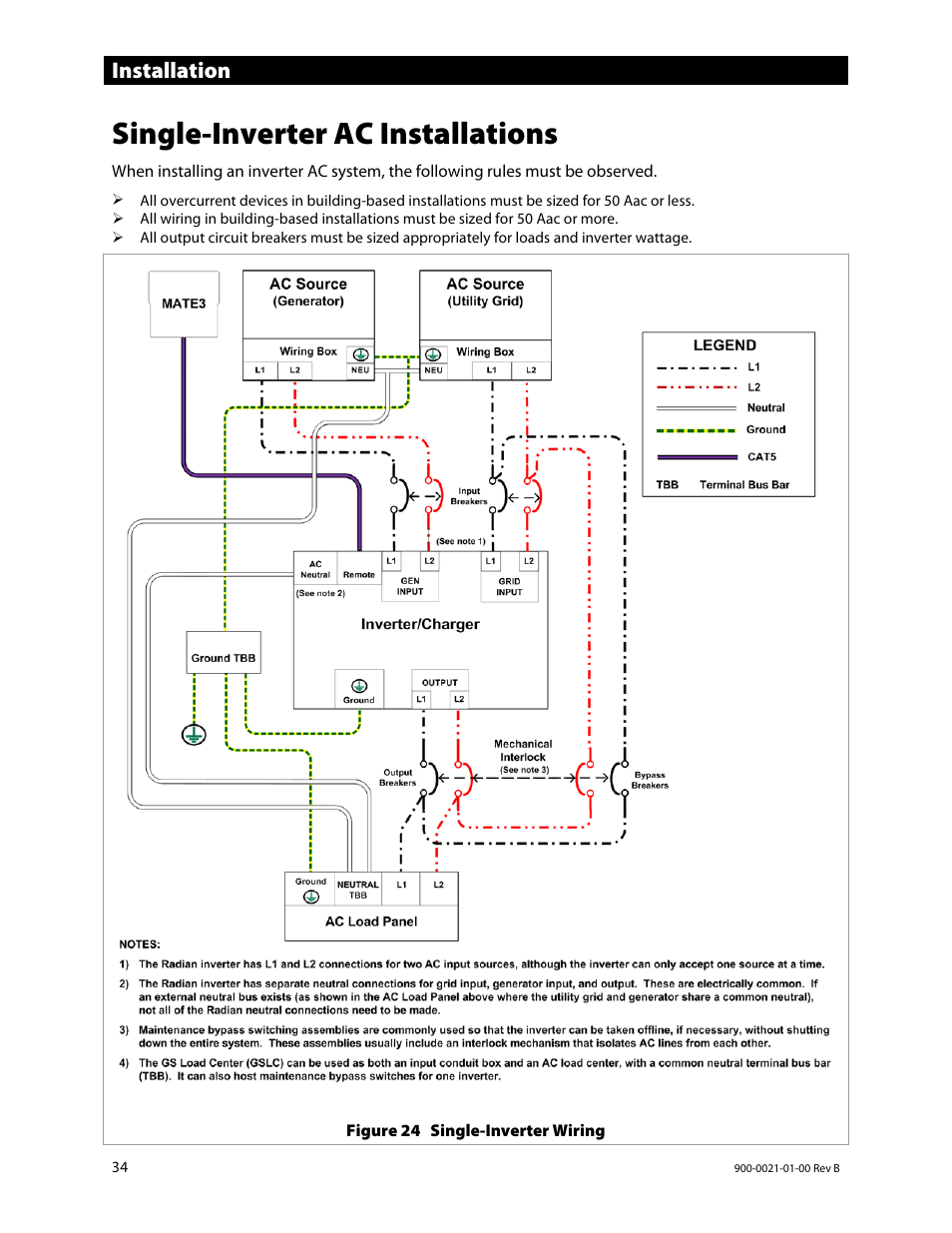 Single-inverter ac installations, Installation | Outback Power Systems GS8048 Installation Manual User Manual | Page 36 / 44