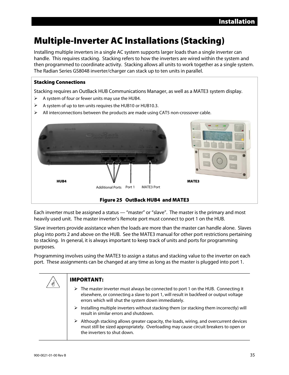 Multiple-inverter ac installations (stacking), Installation | Outback Power Systems GS8048 Installation Manual User Manual | Page 37 / 44