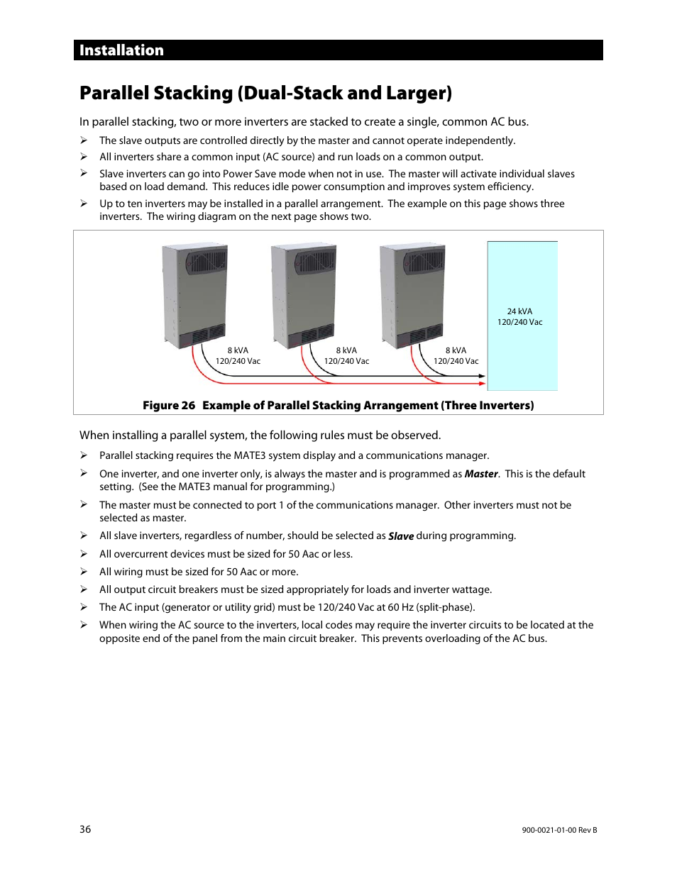 Parallel stacking (dual-stack and larger), Installation | Outback Power Systems GS8048 Installation Manual User Manual | Page 38 / 44