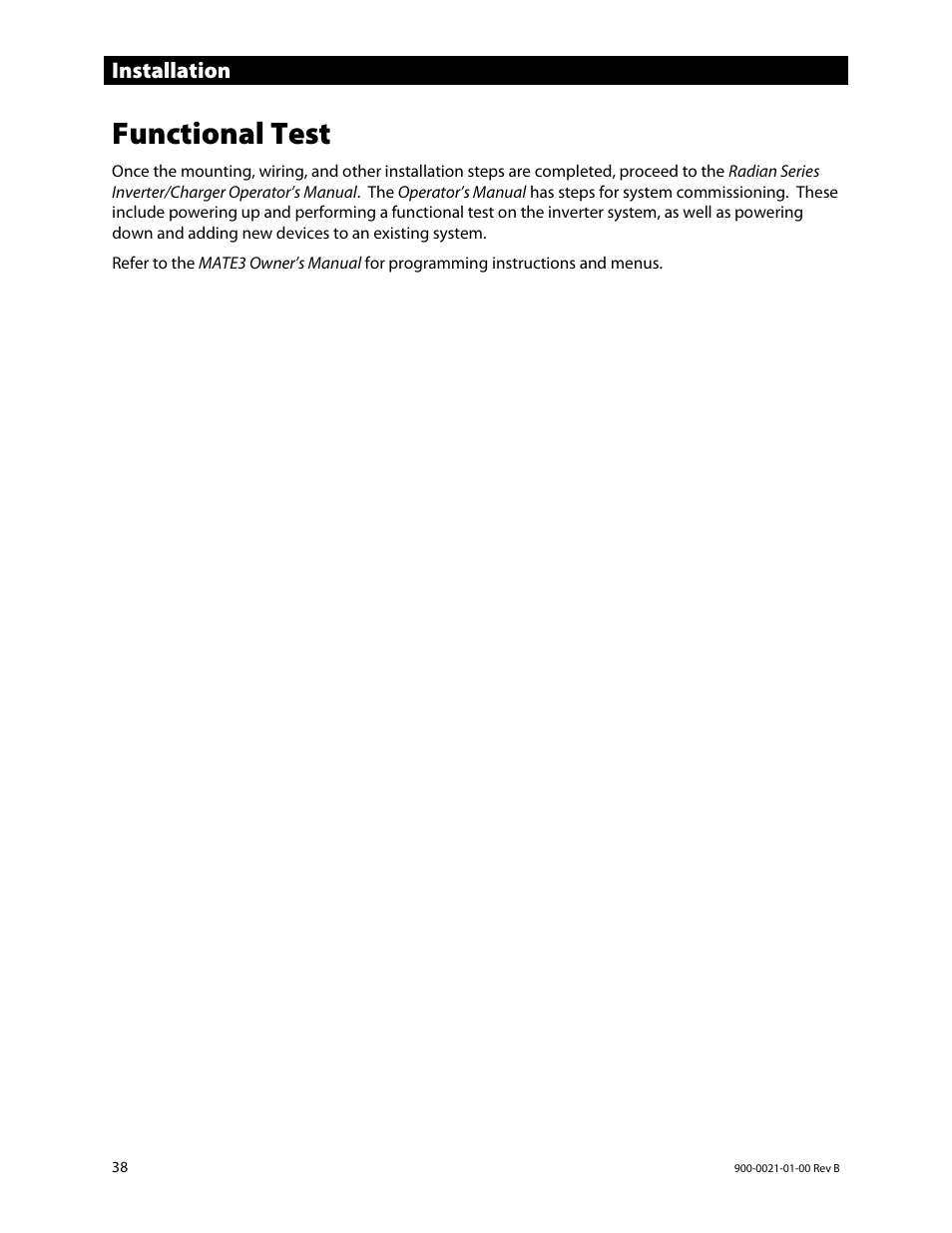 Functional test, Installation | Outback Power Systems GS8048 Installation Manual User Manual | Page 40 / 44