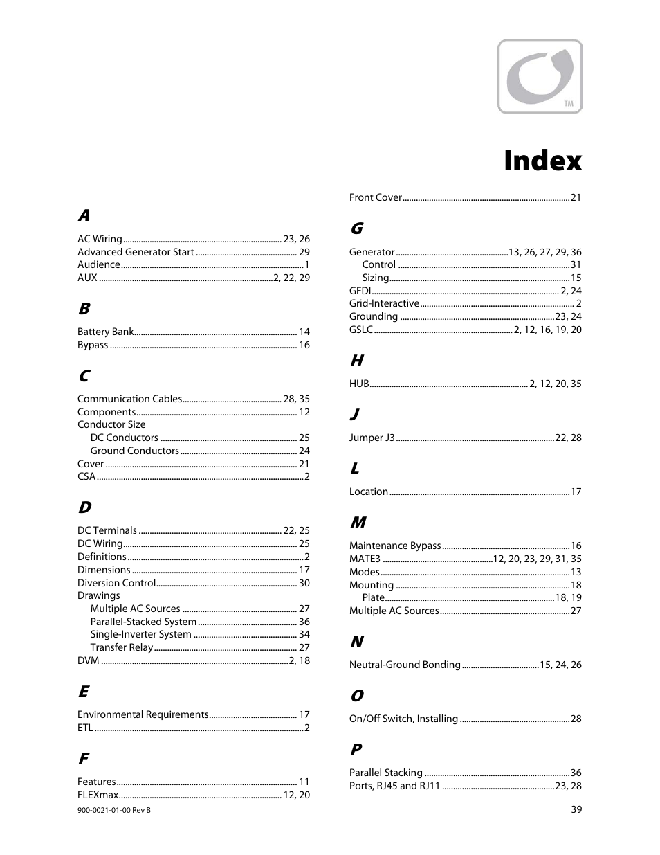 Index | Outback Power Systems GS8048 Installation Manual User Manual | Page 41 / 44