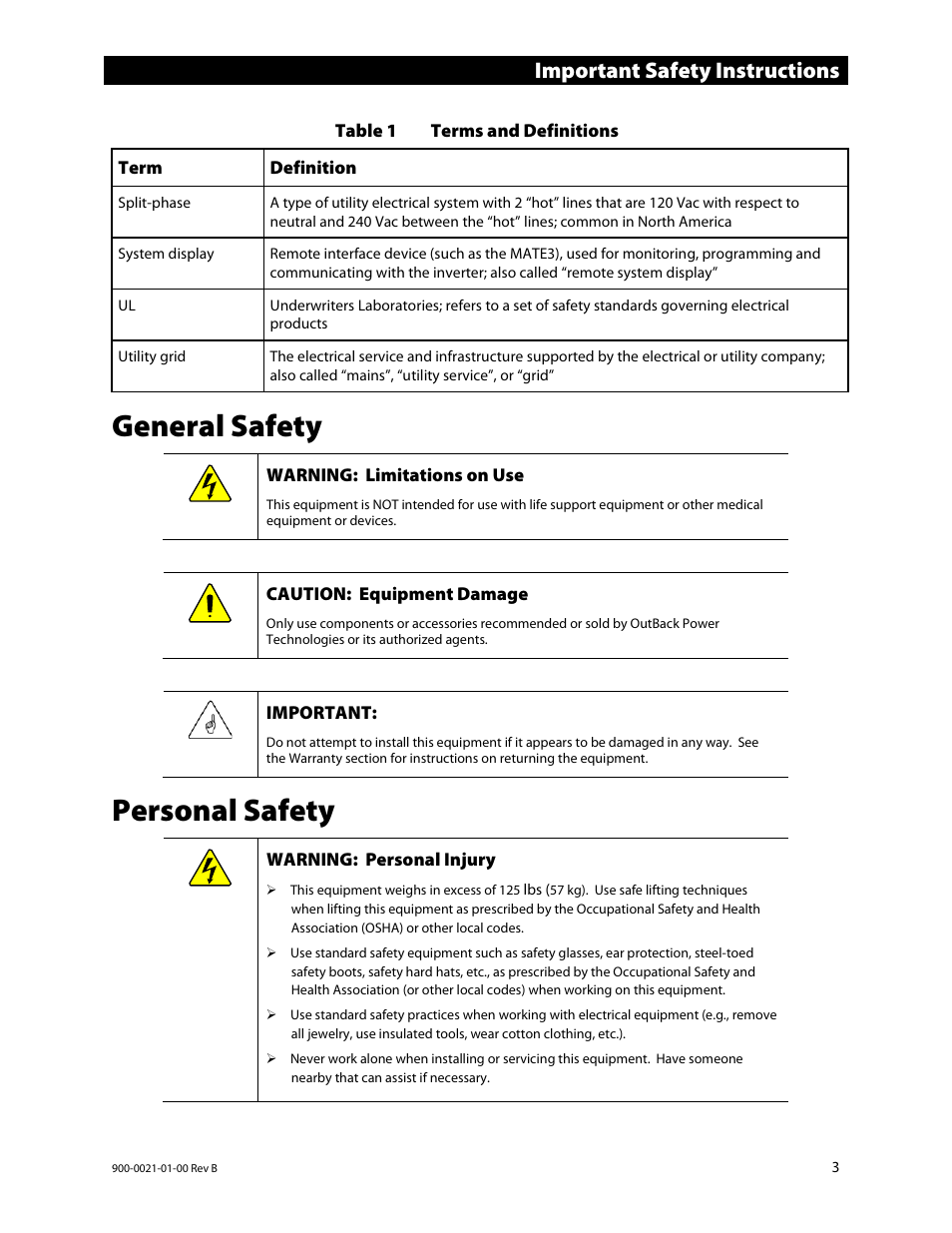 General safety, Personal safety, Important safety instructions | Outback Power Systems GS8048 Installation Manual User Manual | Page 5 / 44