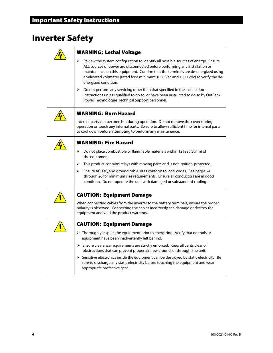 Inverter safety, Important safety instructions | Outback Power Systems GS8048 Installation Manual User Manual | Page 6 / 44