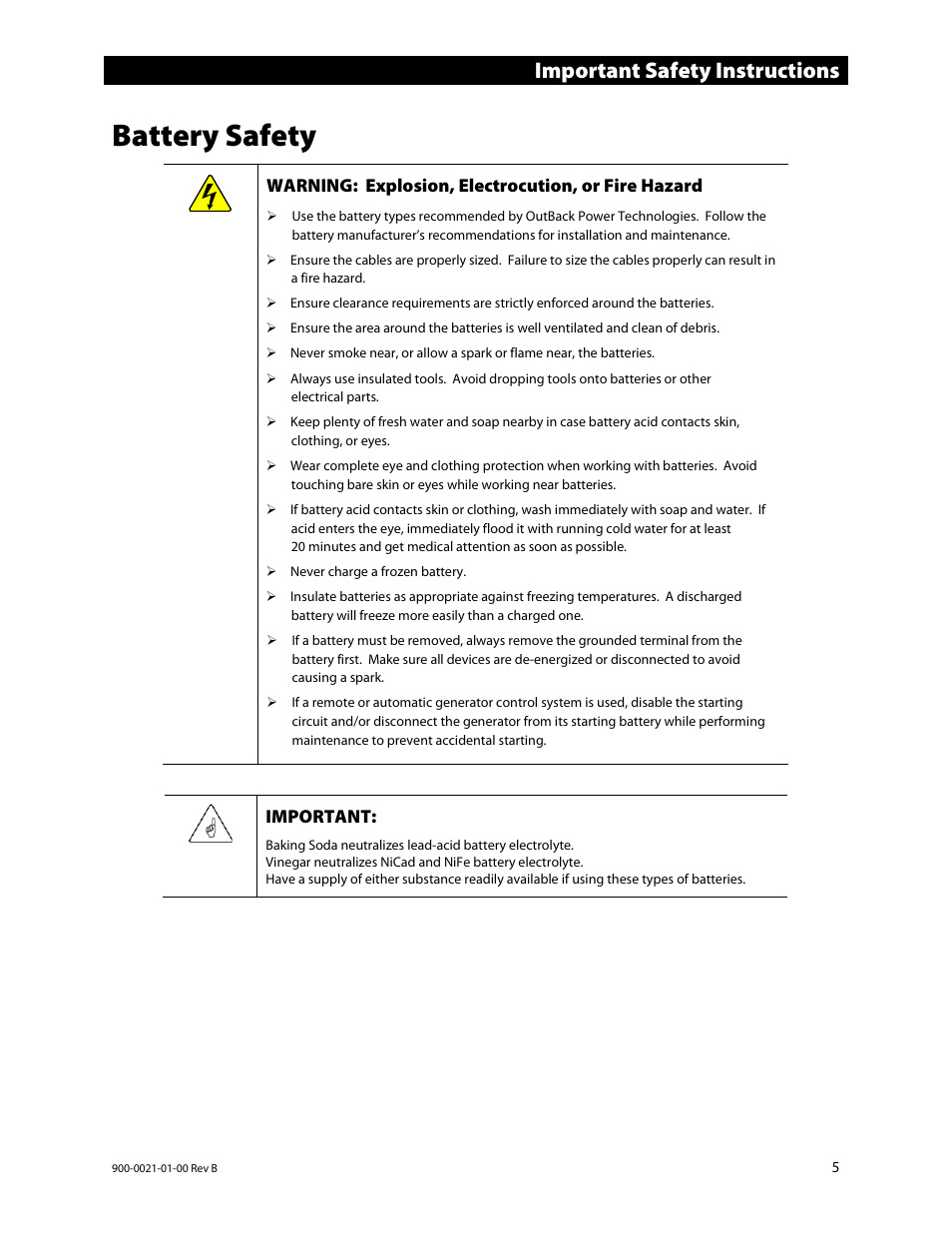 Battery safety, Important safety instructions | Outback Power Systems GS8048 Installation Manual User Manual | Page 7 / 44
