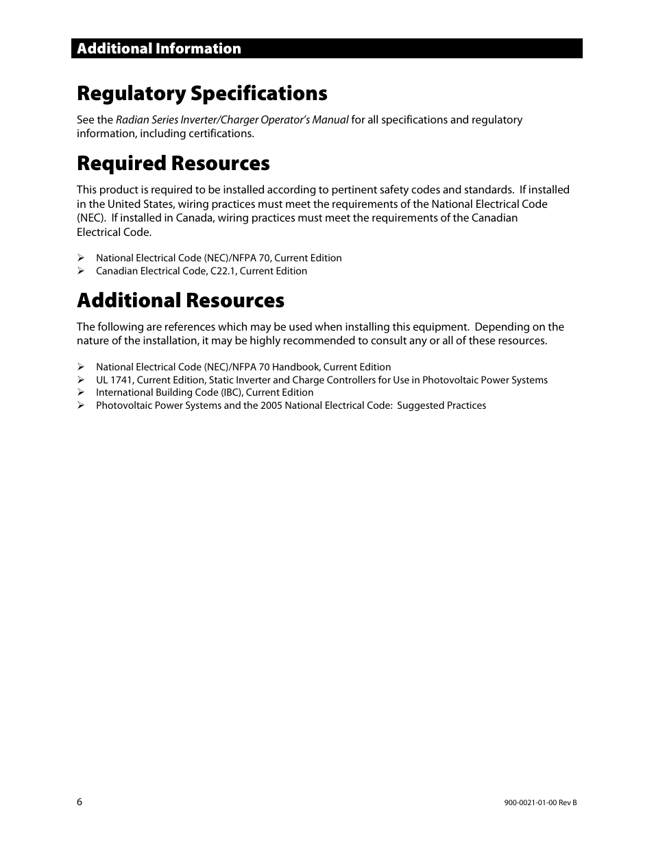 Regulatory specifications, Required resources, Additional resources | Additional information | Outback Power Systems GS8048 Installation Manual User Manual | Page 8 / 44