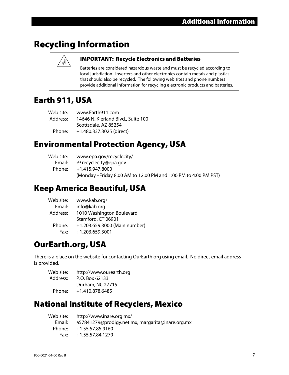Recycling information, Earth 911, usa, Environmental protection agency, usa | Keep america beautiful, usa, Ourearth.org, usa, National institute of recyclers, mexico, Additional information | Outback Power Systems GS8048 Installation Manual User Manual | Page 9 / 44