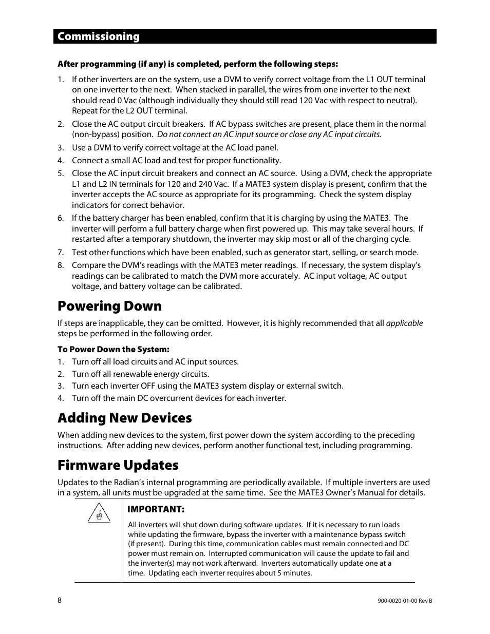 Powering down, Adding new devices, Firmware updates | Commissioning | Outback Power Systems GS8048 Operator Manual User Manual | Page 10 / 60