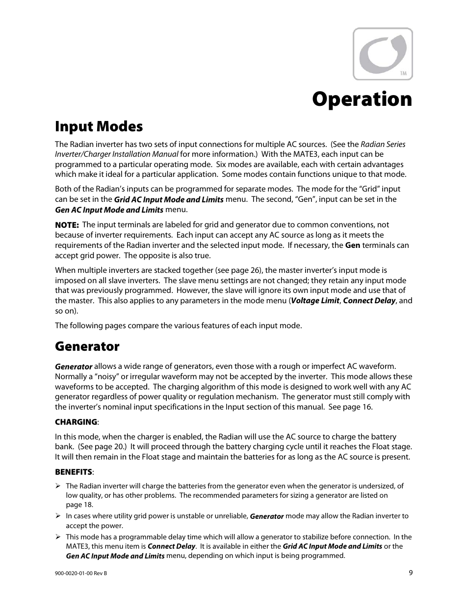 Operation, Input modes, Generator | Outback Power Systems GS8048 Operator Manual User Manual | Page 11 / 60